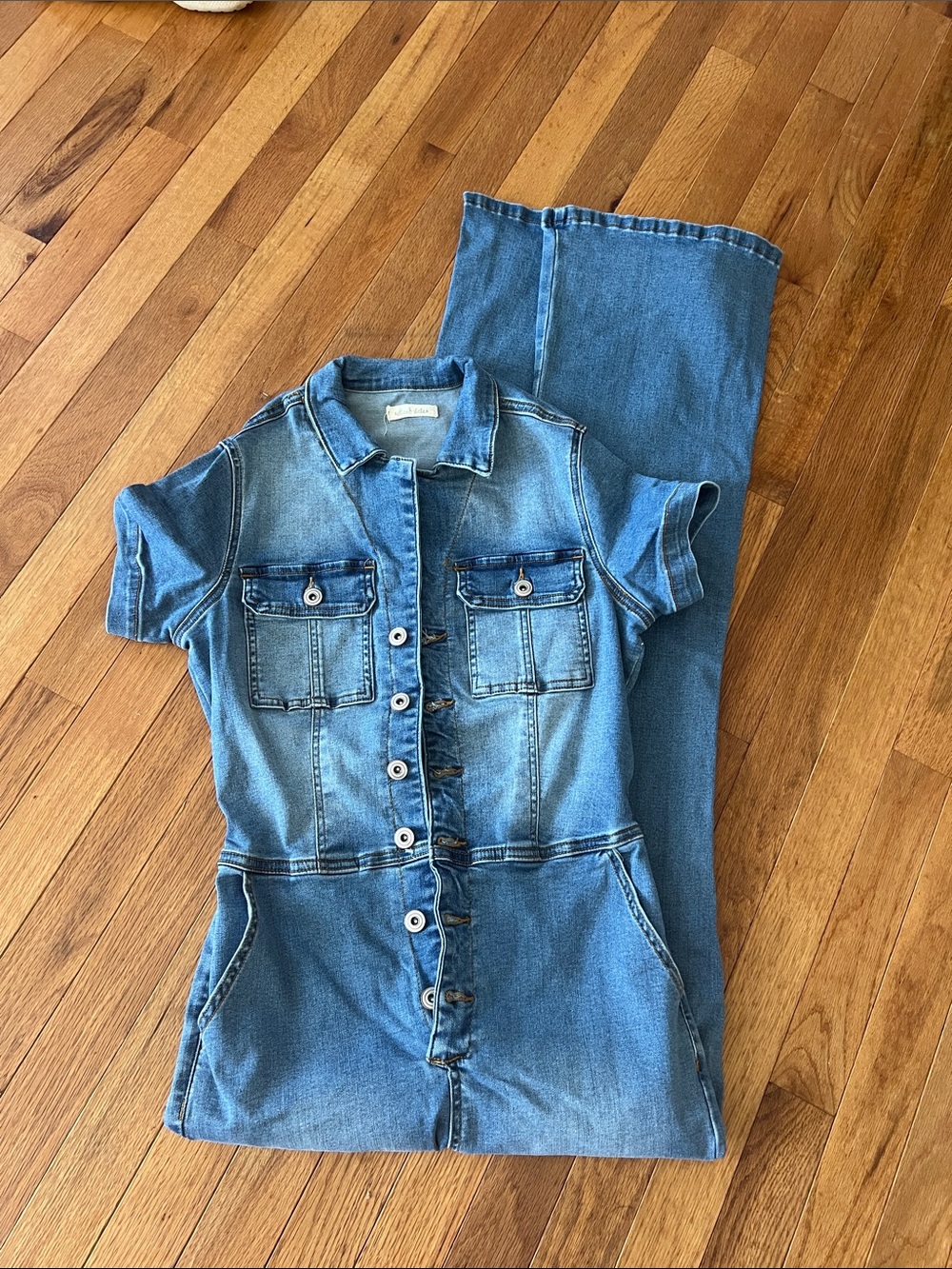 Button-Front Light Blue Denim Jumpsuit